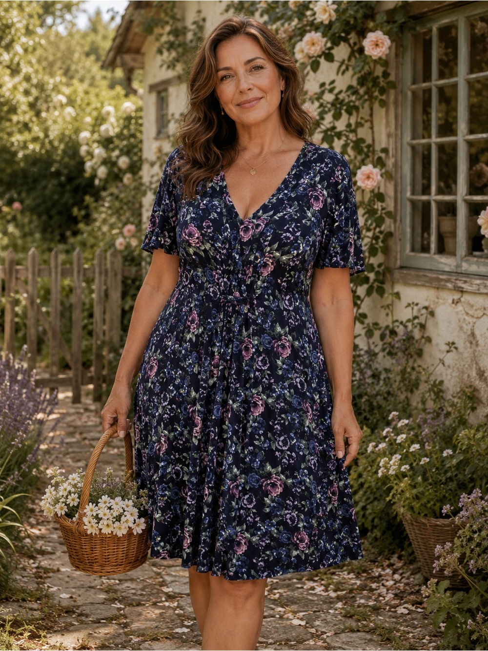 Garnet Hill CottageCore Floral Ruched Jersey Knit Midi Dress Size M